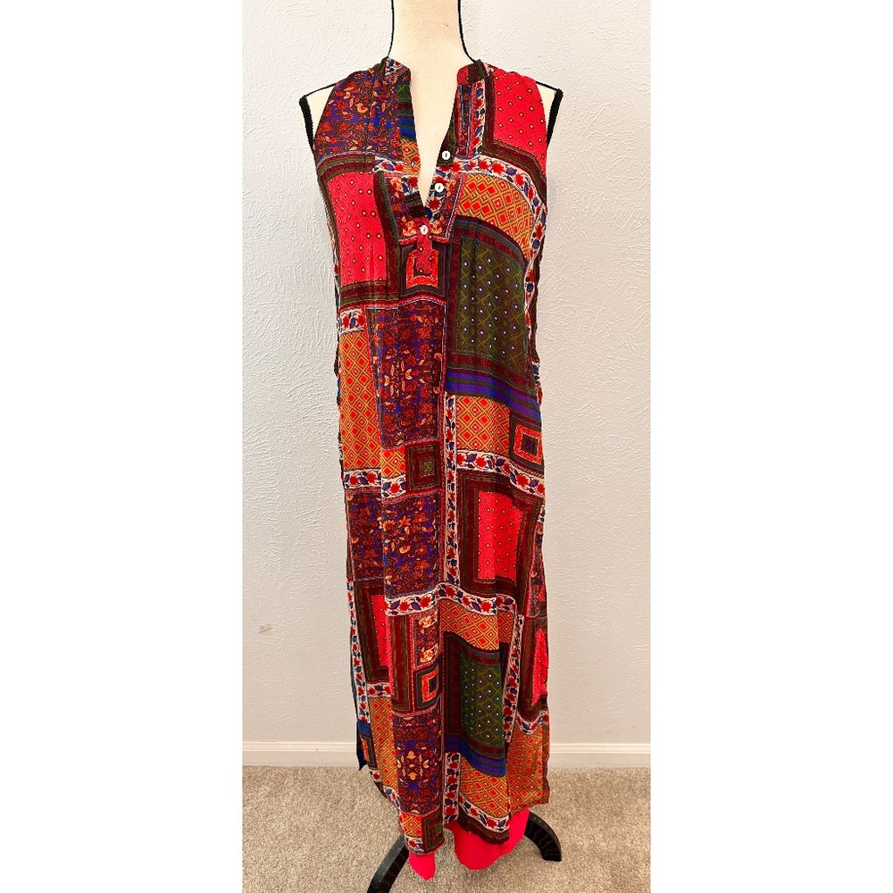 Global Desi Multicolor Patch Print V-Neck Maxi Dress w/ Side Split, S